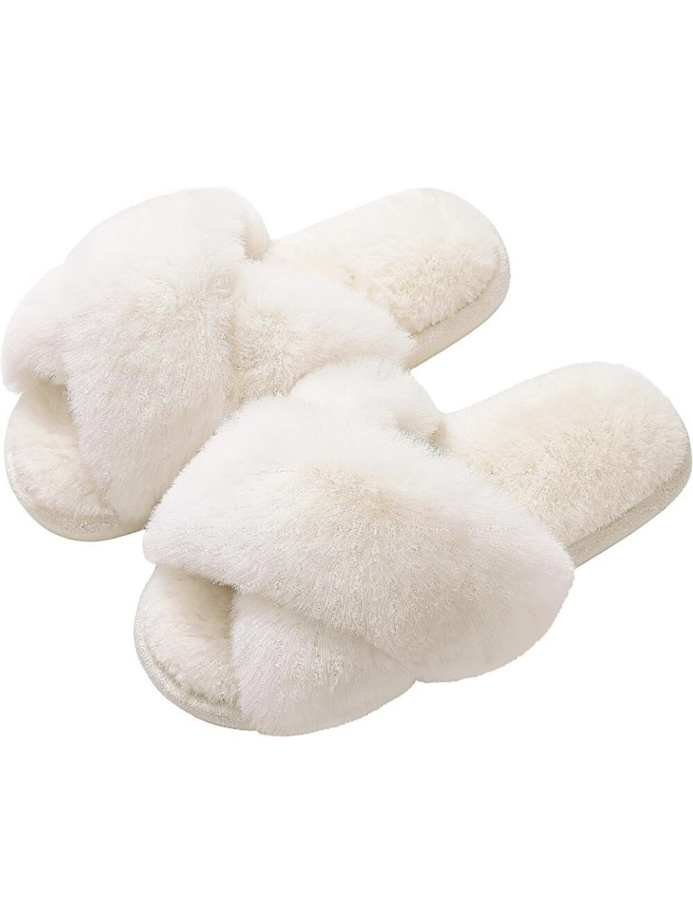 Womens White Faux Fur Memory Foam Fuzzy House Slippers Soft Open-Toe Slippers